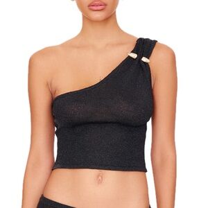 PrettyLittleThing NWT Black Glitter Knot One Shoulder Crop Top with Gold Detail